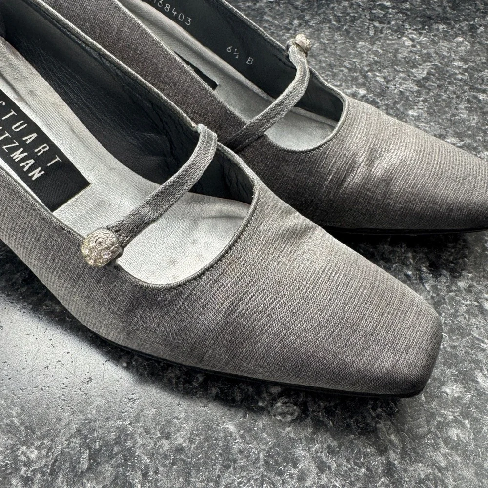 Vintage Stuart Weitzman Silver Evening Mary Jane Pumps Jeweled Accent Womens 6.5